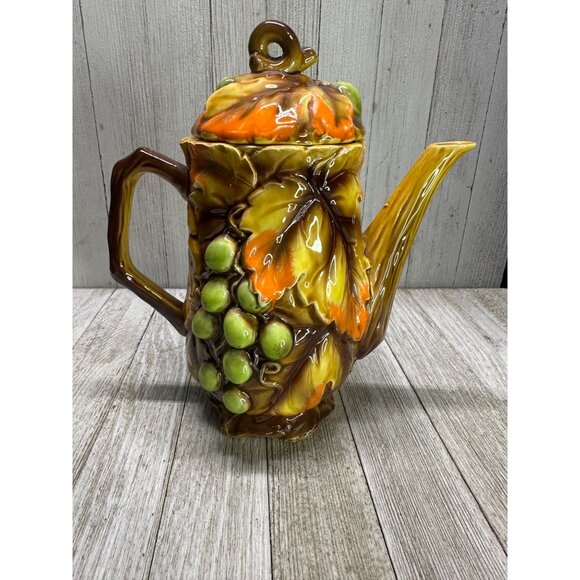 Vtg Nasco Swirling Leaves Grapes Tea Pot & Creamer Sugar Set MCM Japan 8", 4.5" - Picture 2 of 10